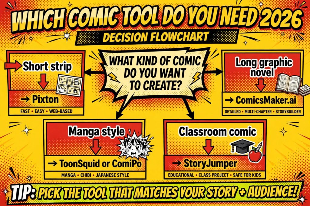 Decision flowchart, pick the right comic generator for your project