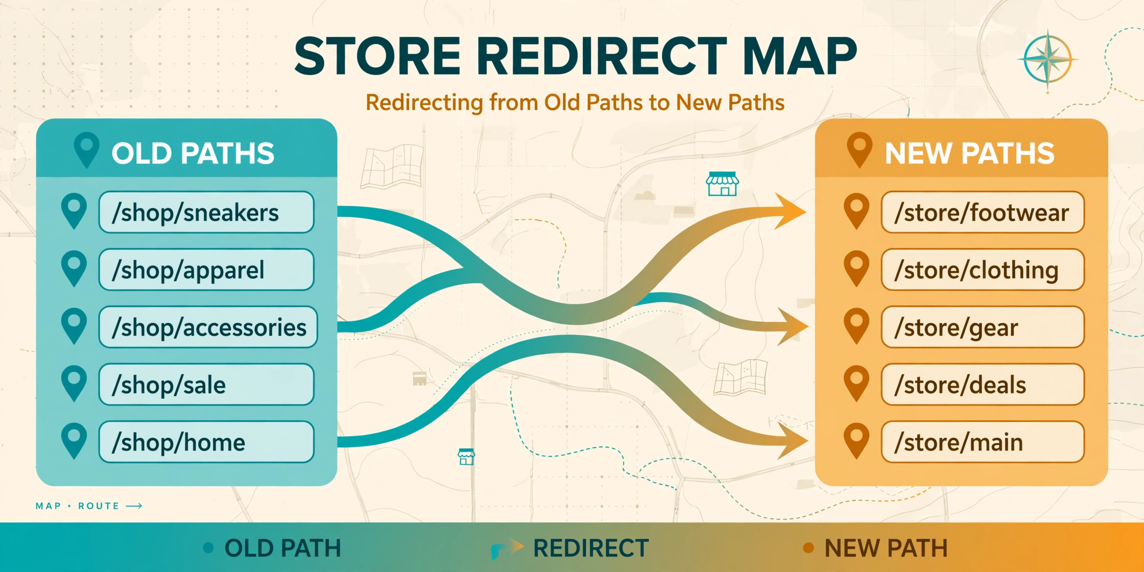 Old store paths pointing to new store paths on a redirect map.