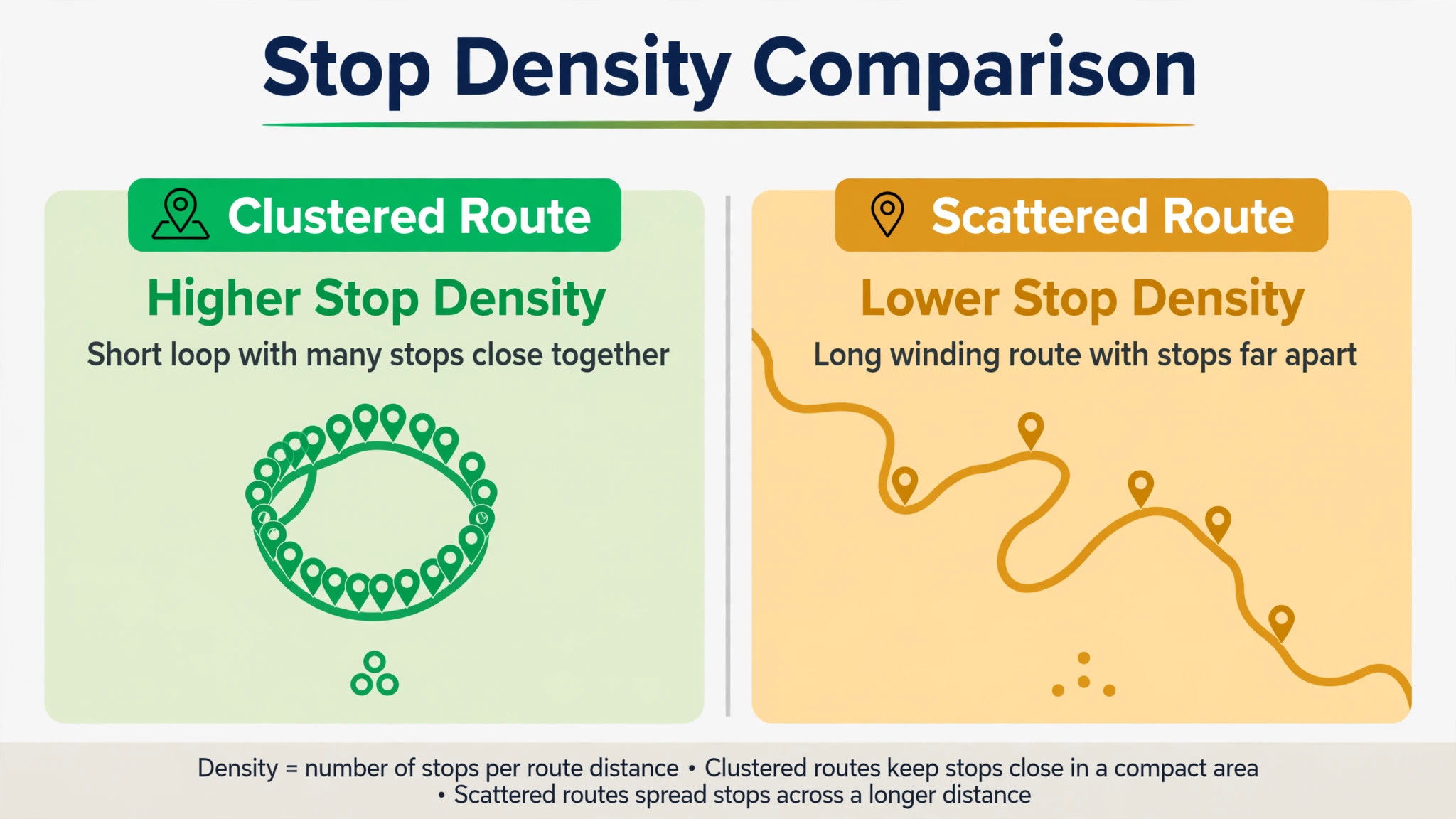 A dense pest control route compared with a scattered route.