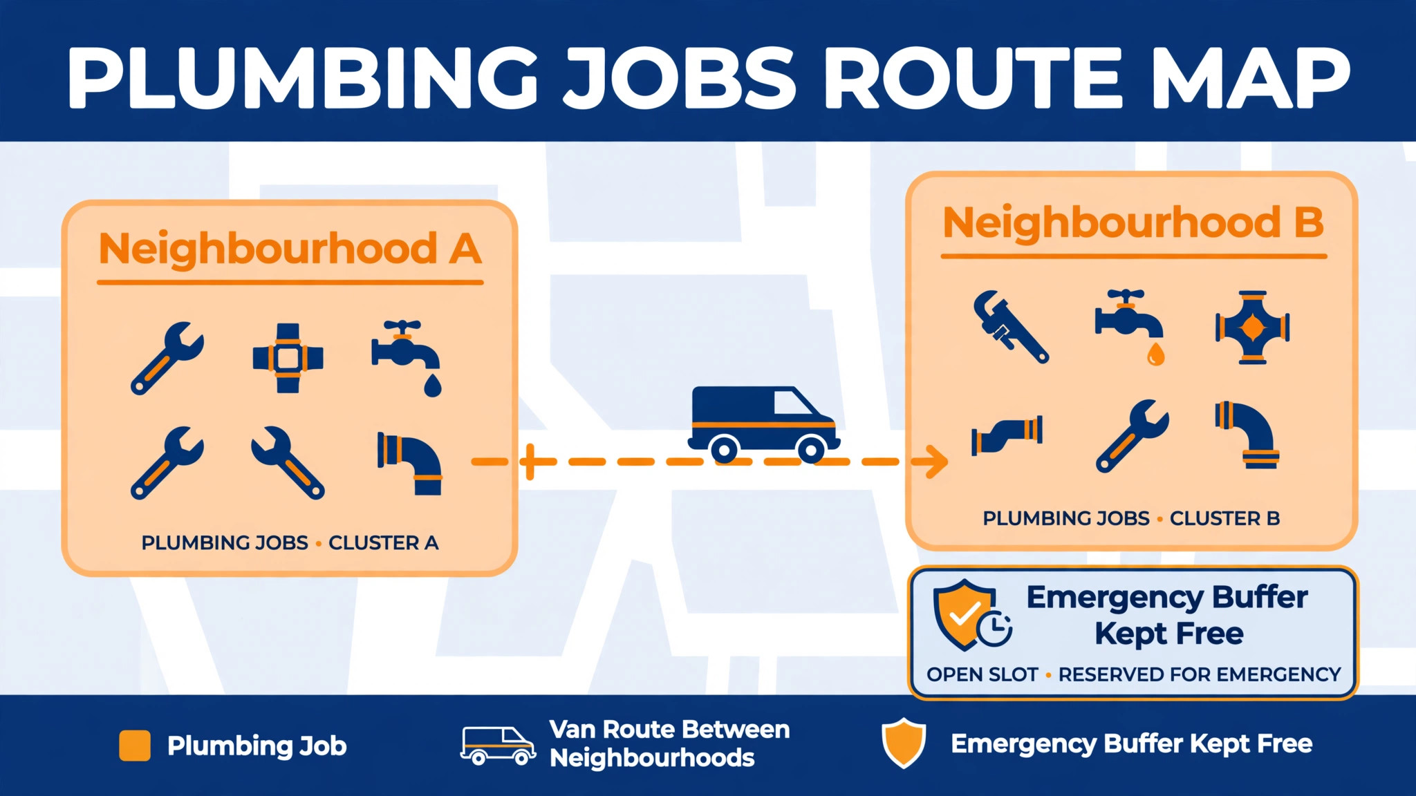 A dense plumbing route with grouped jobs and an emergency buffer slot.