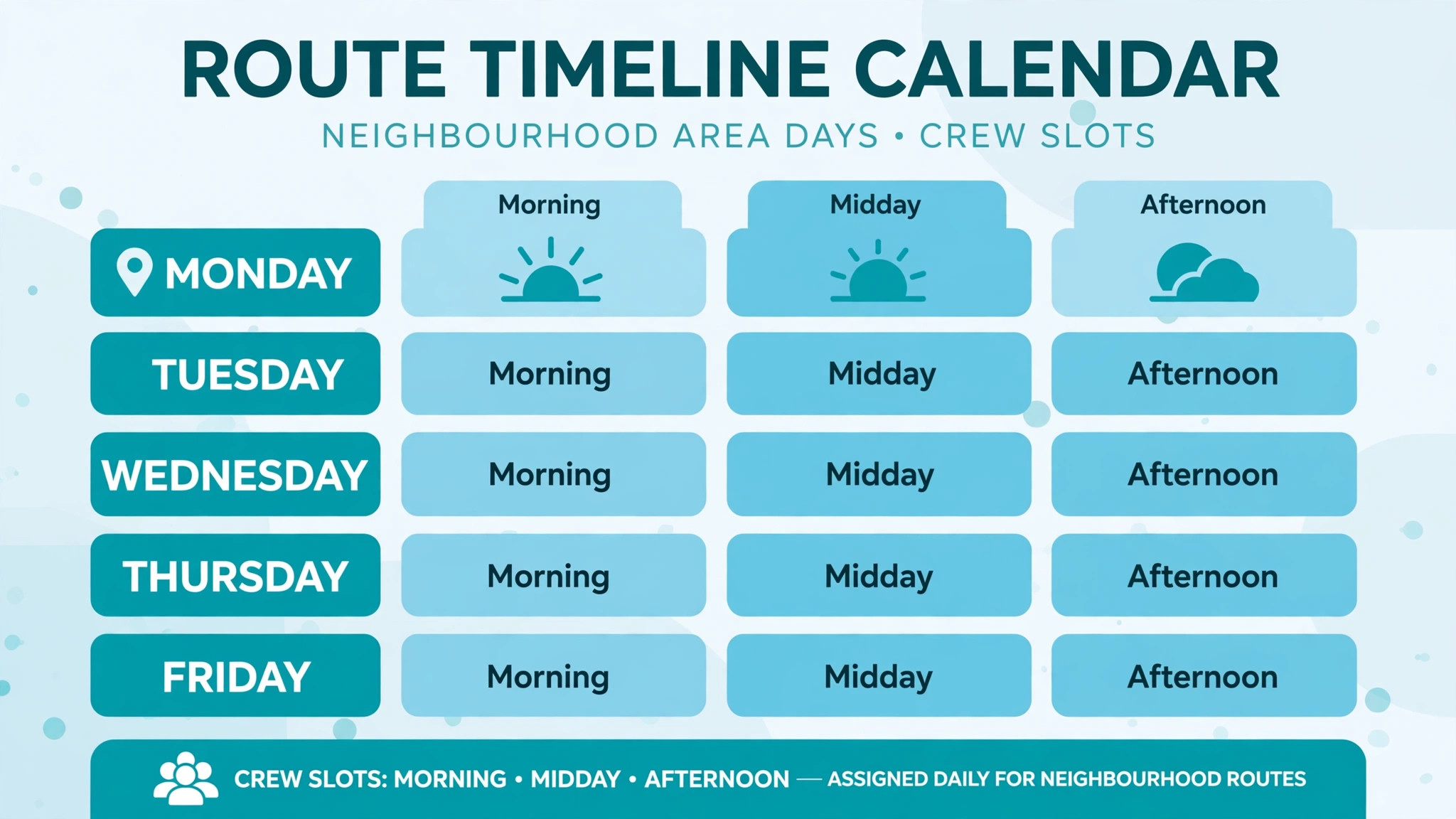 A calendar of window cleaning area days and crew slots.