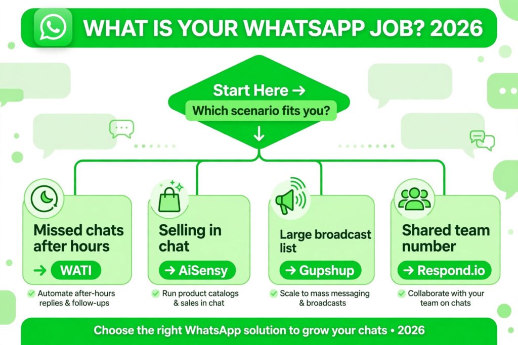 Decision flowchart, pick the right WhatsApp Business tool for your job