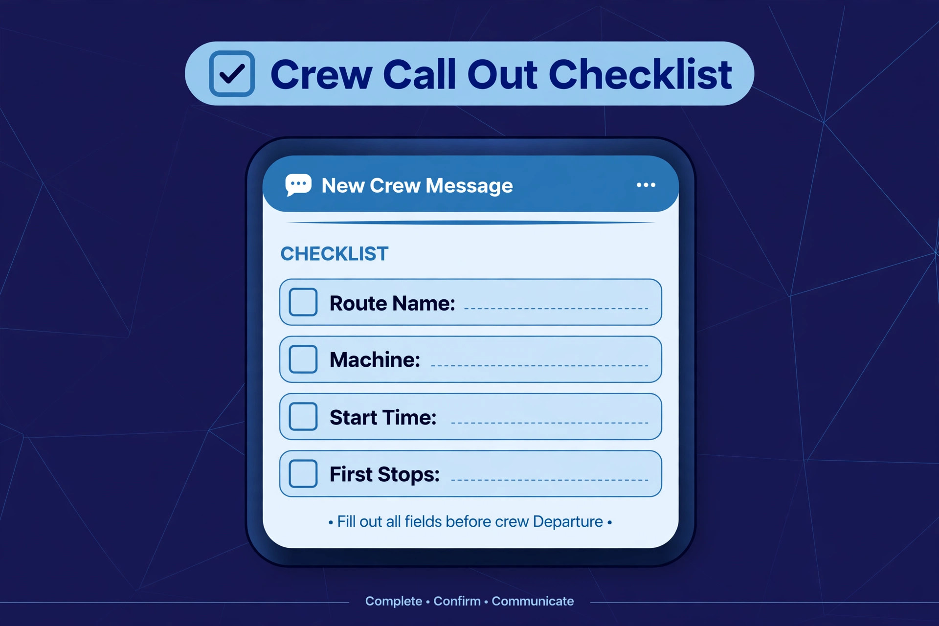A checklist for snow crew call out.