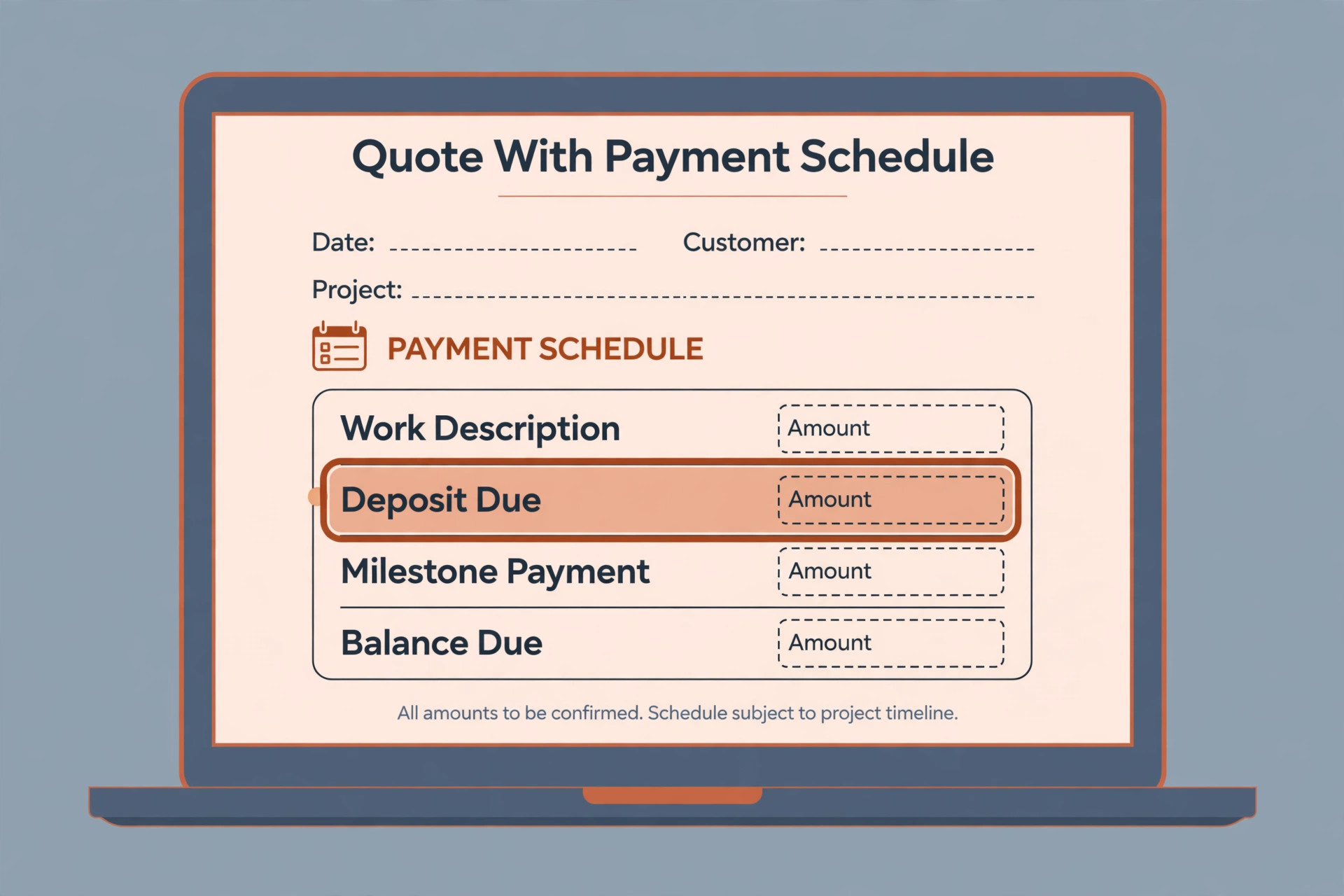 A mockup of a quote with a deposit payment schedule.