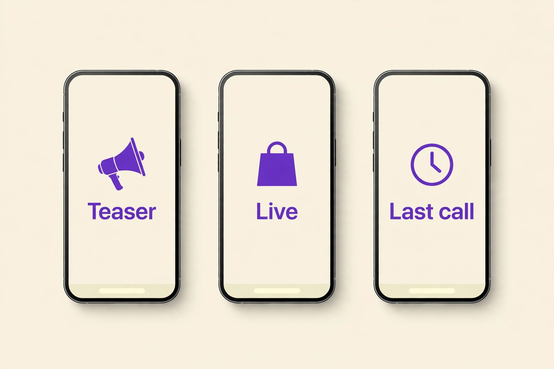 A mockup of a flash sale announcement sequence.