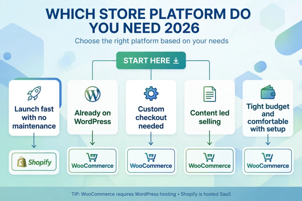 Decision flowchart, pick Shopify or WooCommerce for your store