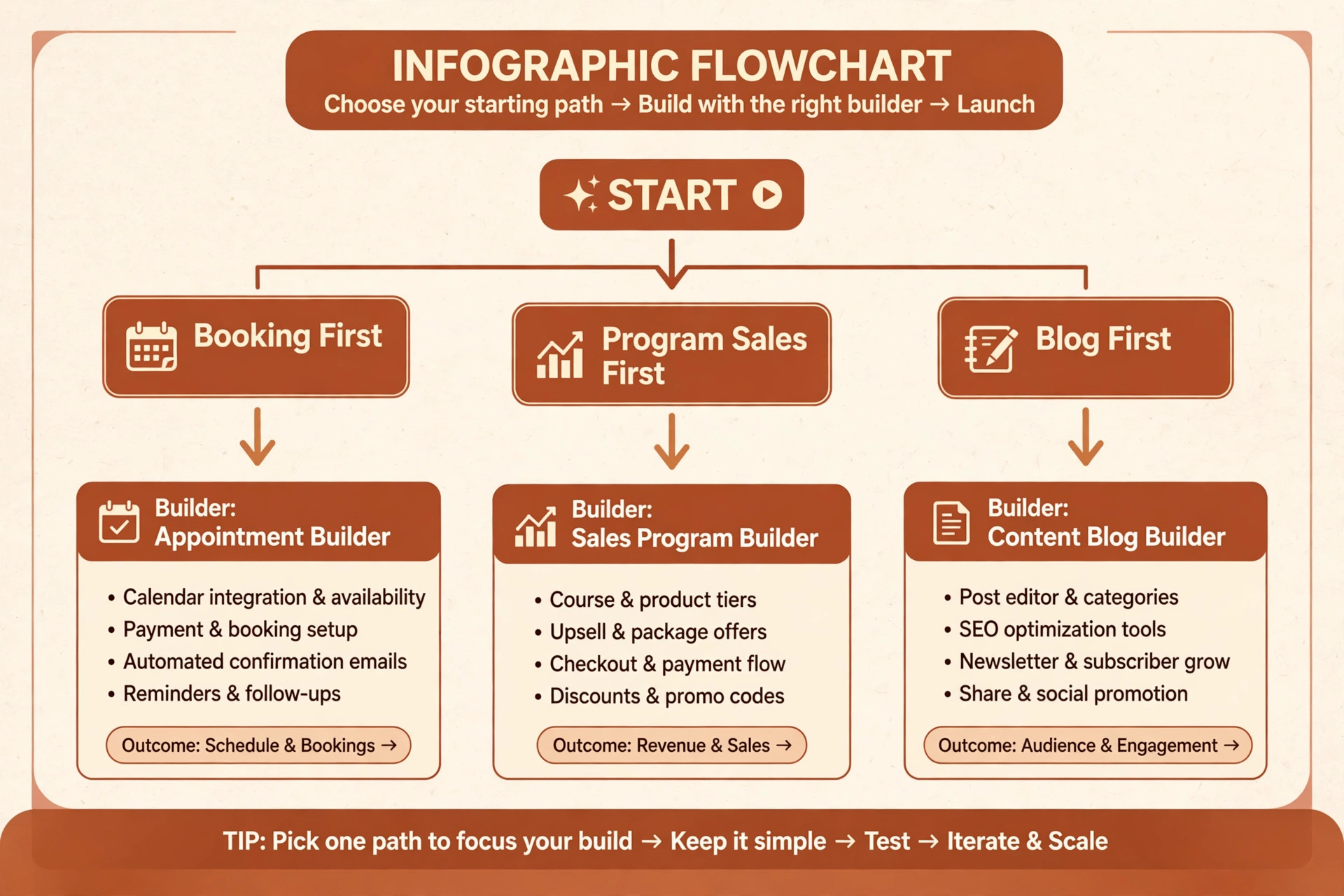 Flowchart choosing a coaching website builder by job