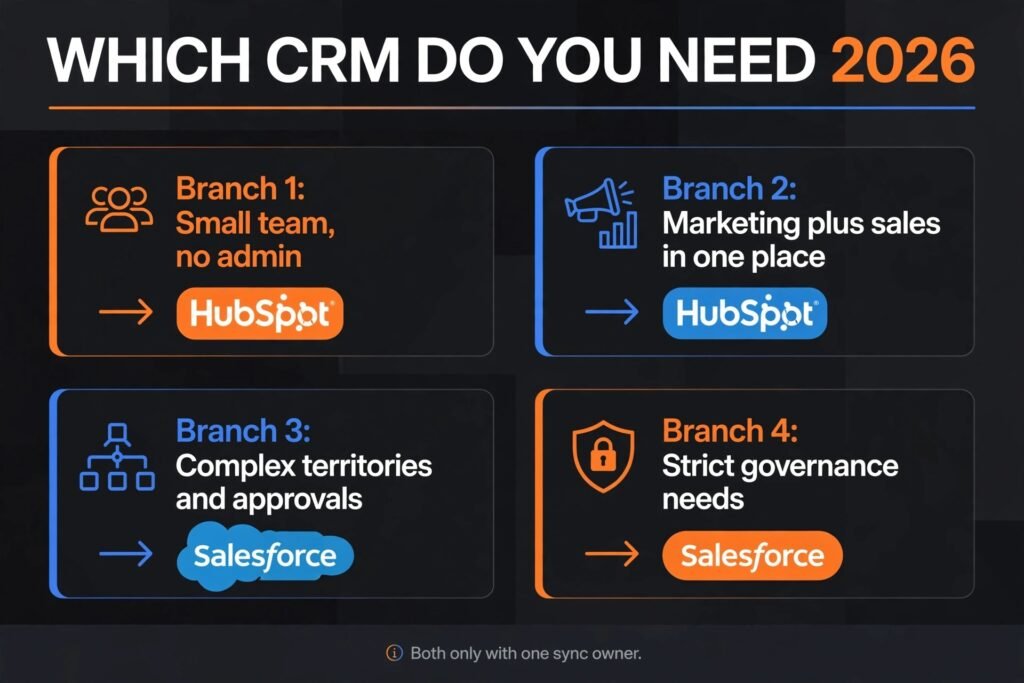 Decision flowchart, pick HubSpot, Salesforce, or both for your team