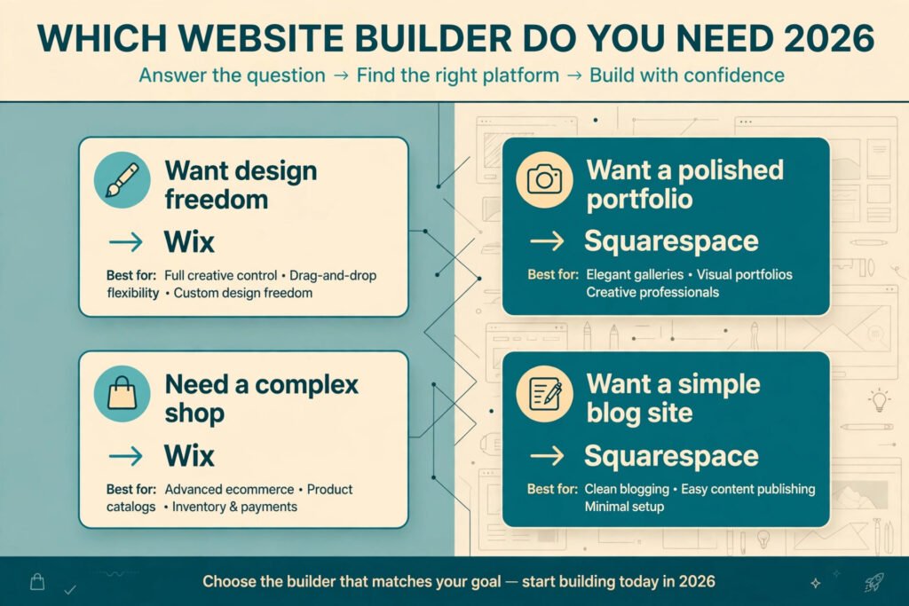 Decision flowchart, pick Wix or Squarespace for your site