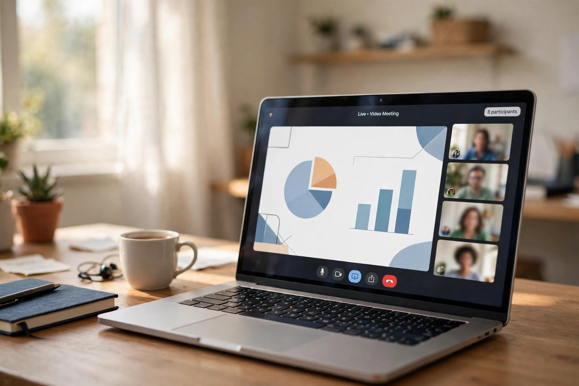 Mockup concept. A laptop screen showing a live meeting with screen sharing and a participant counter