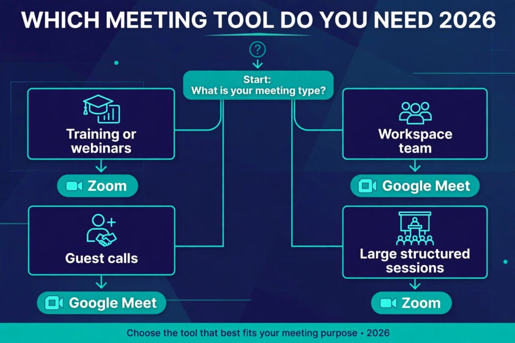 Decision flowchart, pick Zoom or Google Meet for your job