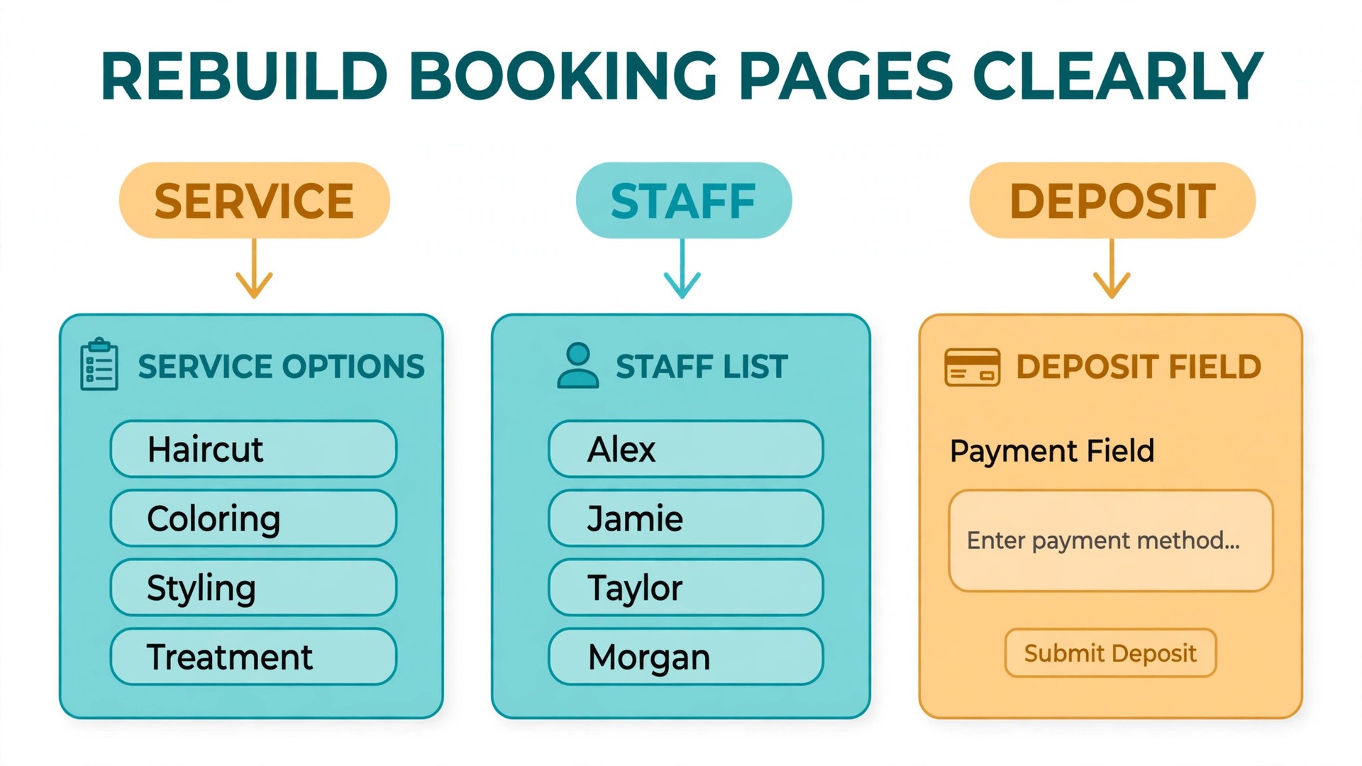 Annotated concept. A booking page with labels pointing at service, staff and deposit fields
