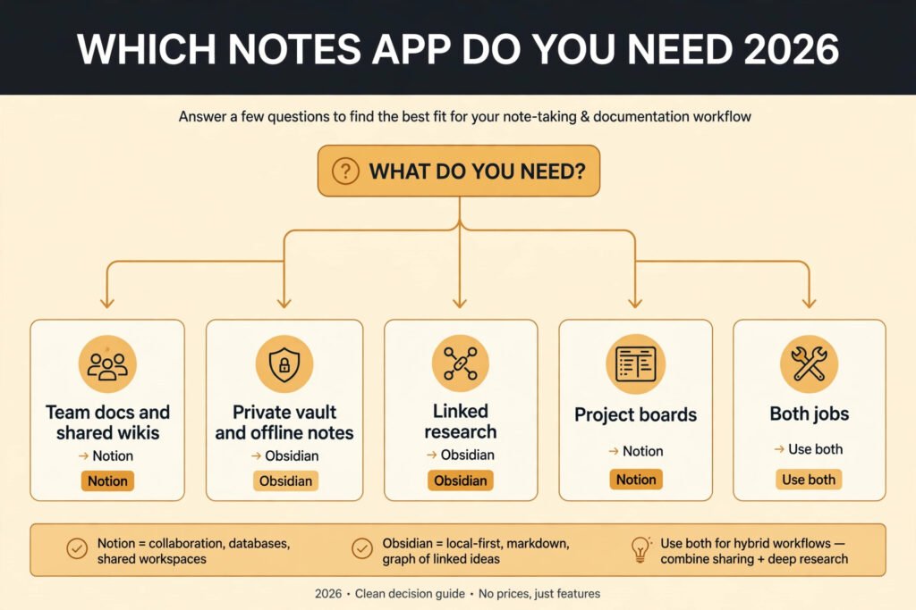 Decision flowchart, pick Notion or Obsidian for your notes