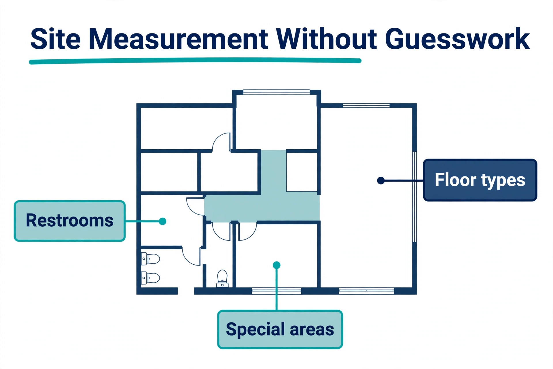 Annotated concept. A building plan with callout labels for restrooms, floor types, and special areas