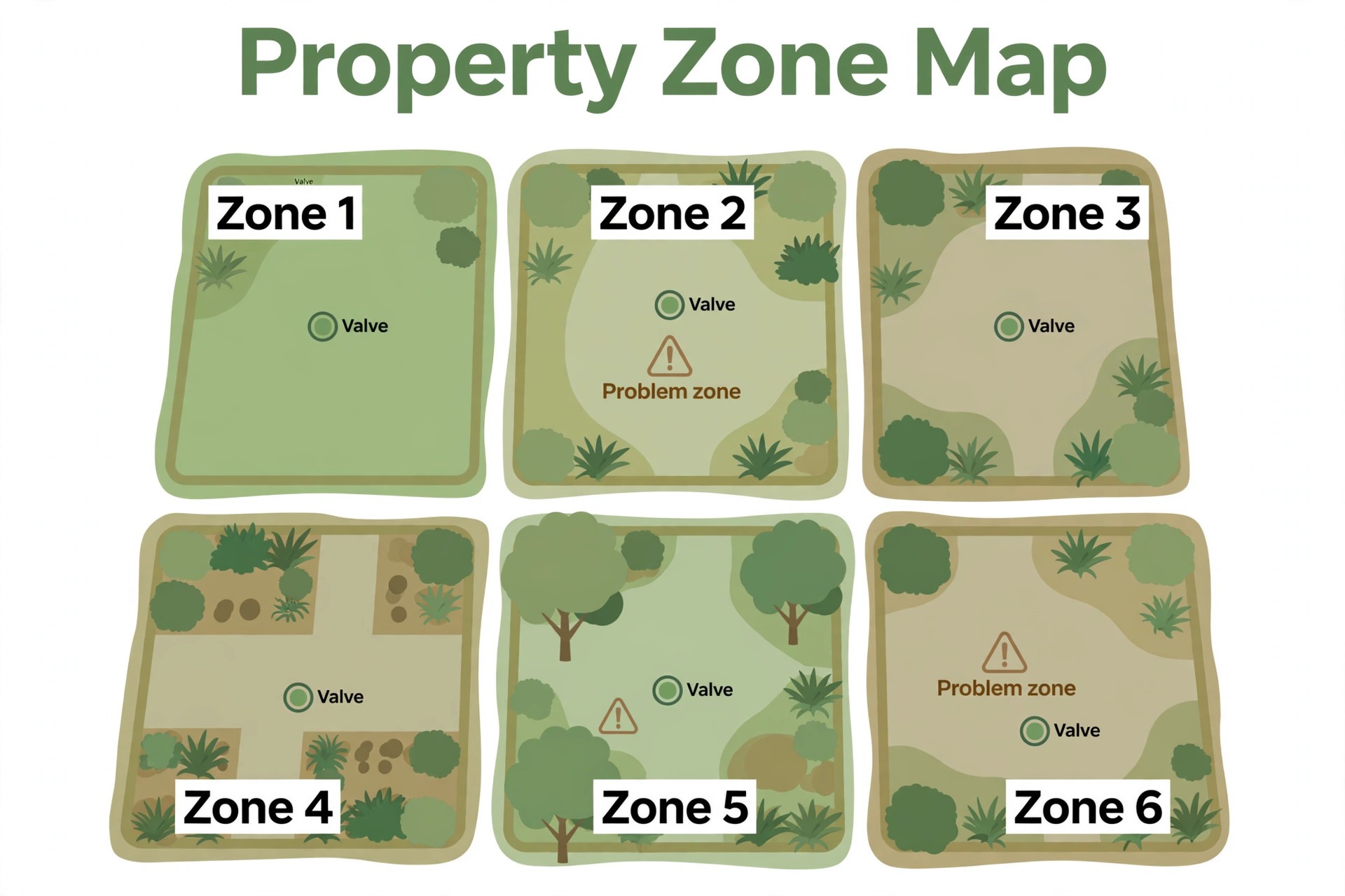 Map concept. A property zone map with numbered zones, valve points, and problem zones marked