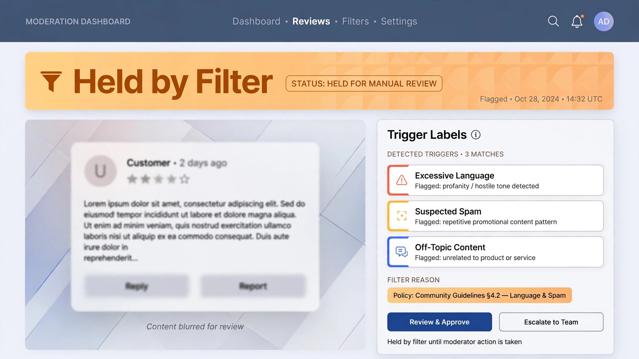Screenshot concept. A review held behind a filter screen with trigger labels