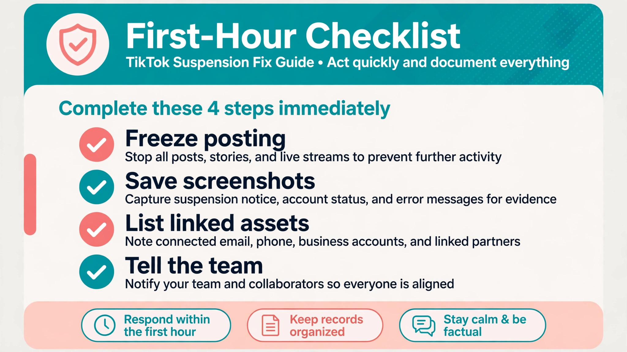 Checklist concept. A first hour checklist page ticking freeze, screenshots, linked assets, and team notice