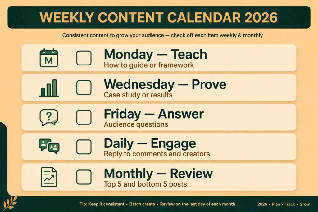 Weekly content calendar checklist for a personal brand