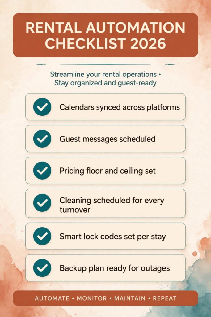 Rental automation checklist, calendars, messages, pricing limits, cleaning and backups