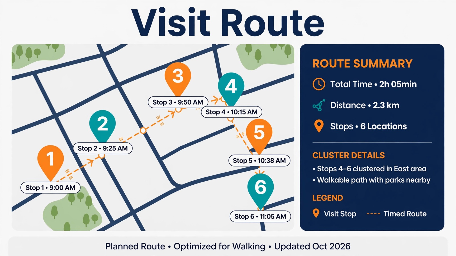 Map concept. A neighbourhood map with clustered visit stops and a timed route line between houses