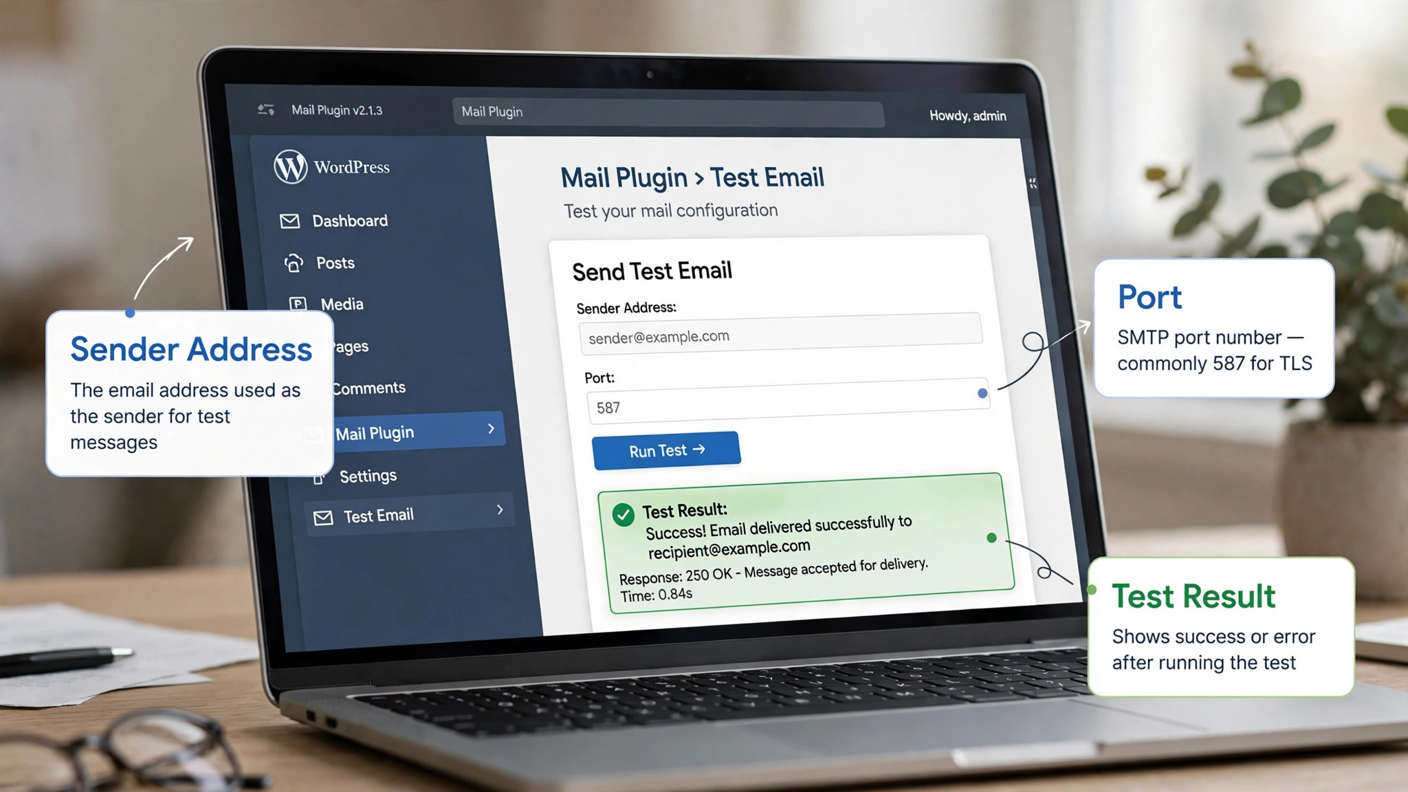Annotated concept. A mail plugin test screen with callout labels for sender address, port, and test result