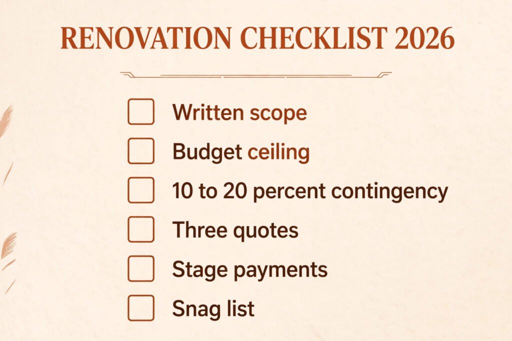 Renovation checklist, scope, budget, quotes, and snag list