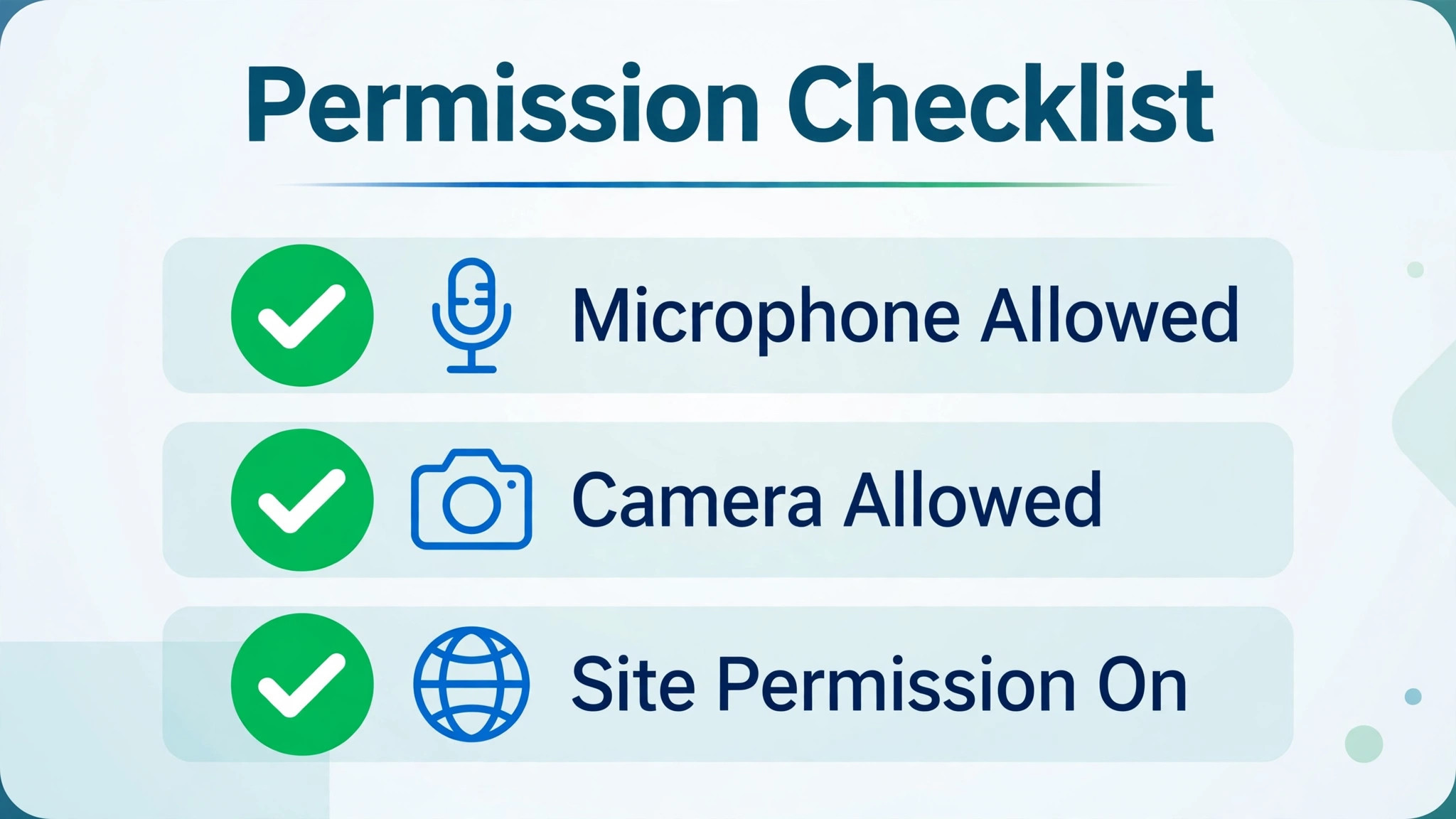 Checklist concept. A browser and system permission checklist with microphone access ticked