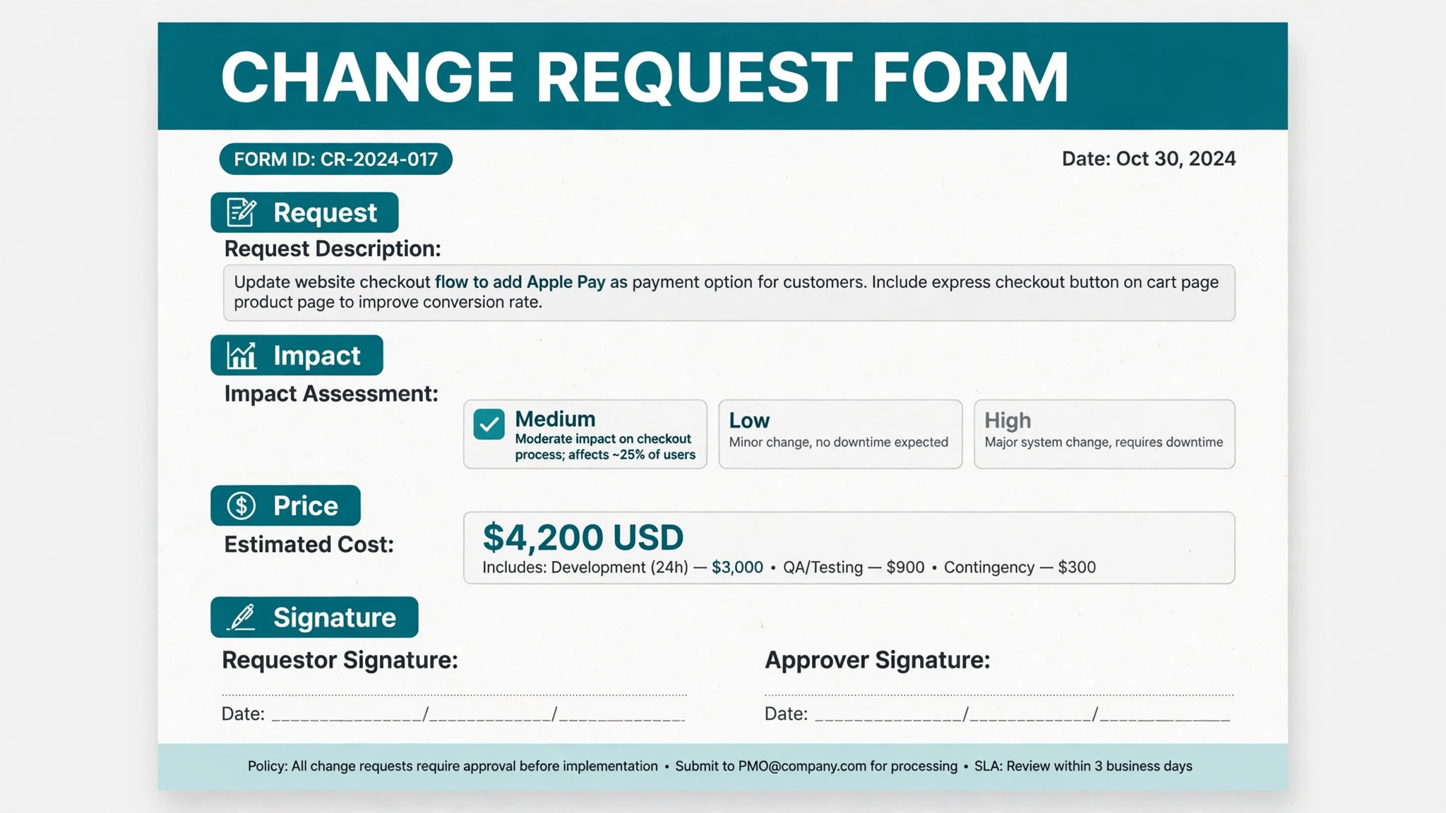 Mockup concept. A change request form mockup showing request, impact, price, and signature fields