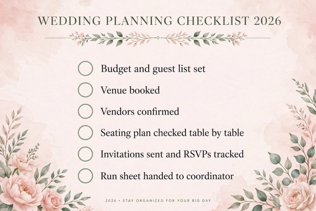 Wedding planning checklist, budget, venue, seating and run sheet