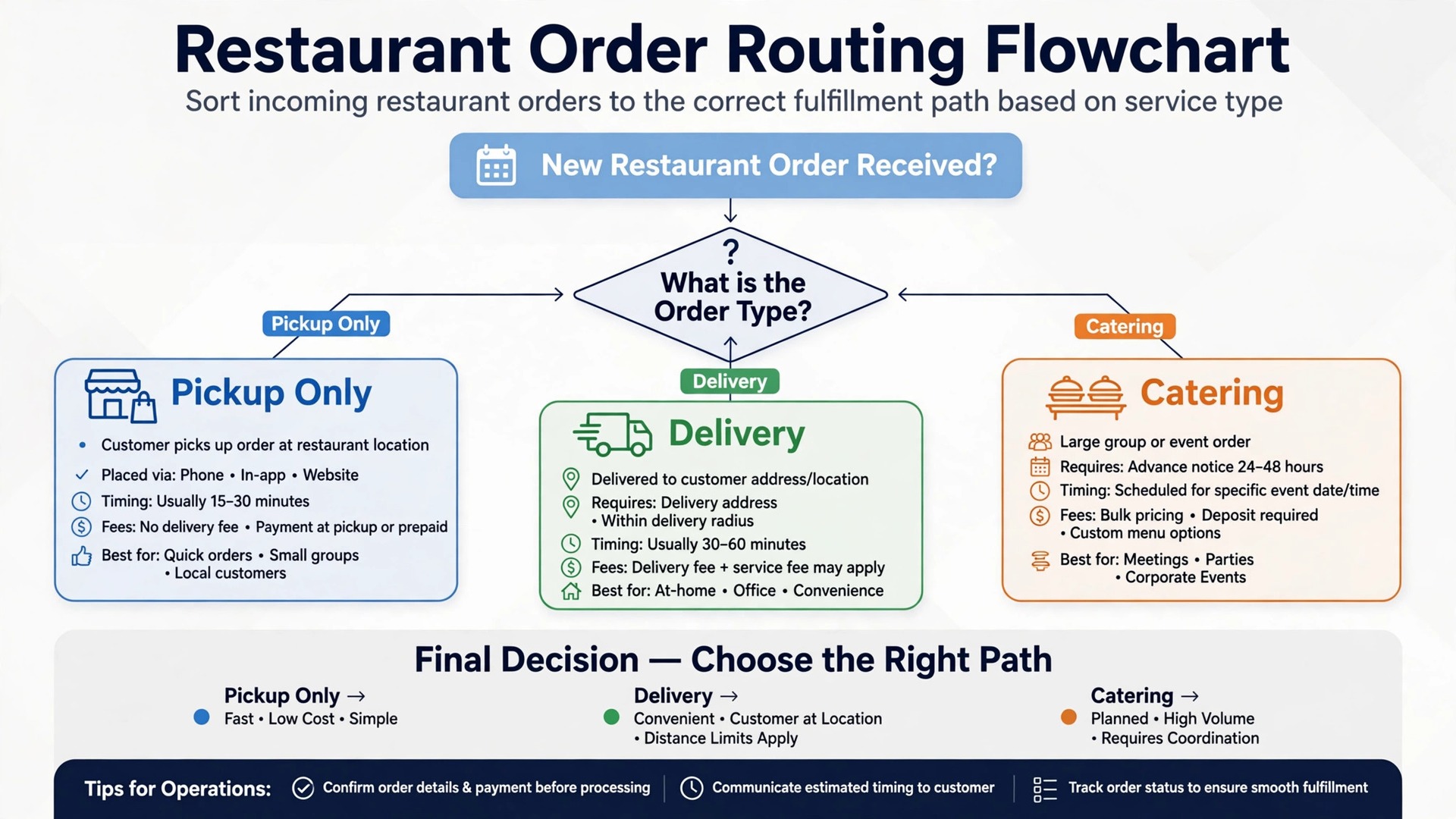 decision flow that sorts restaurants by pickup only, delivery, or catering orders.