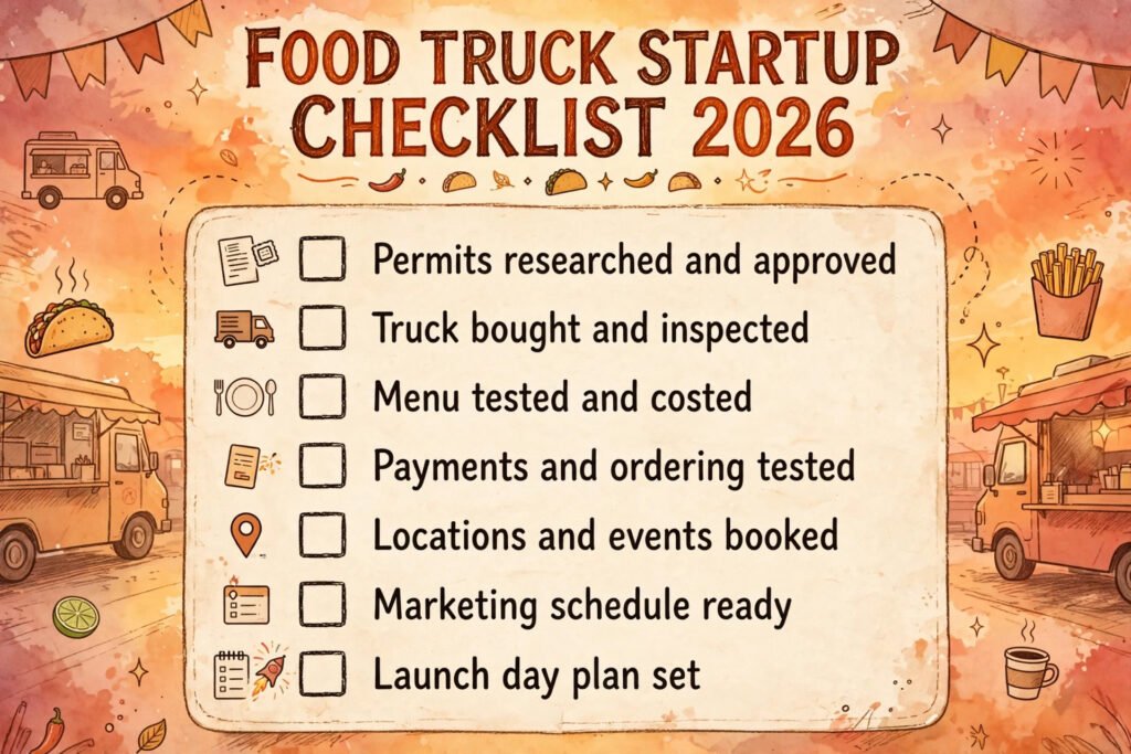 Food truck startup checklist, permits, truck, menu, payments and launch