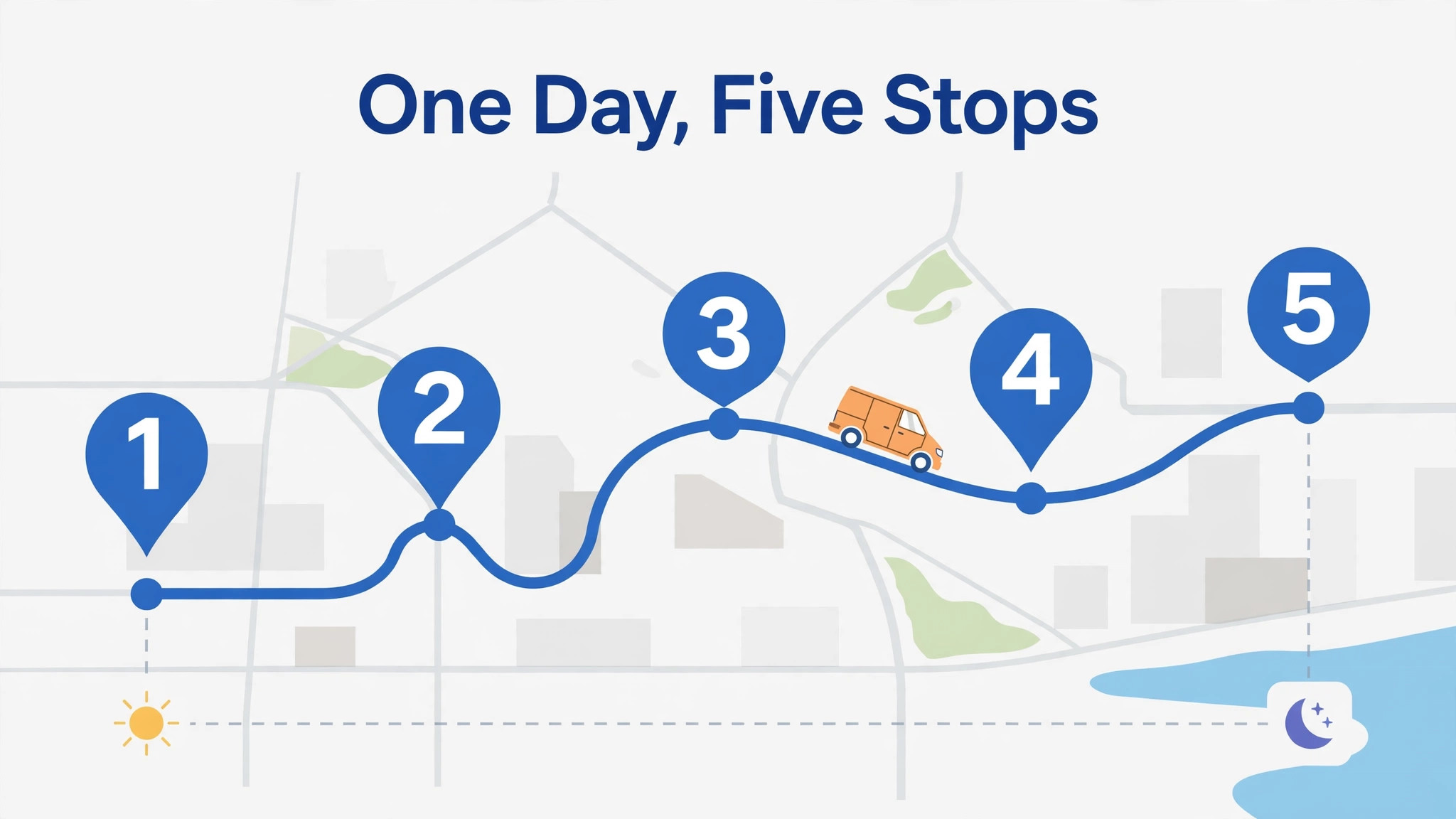 Workflow diagram showing a multi stop route being grouped and sequenced across a working day