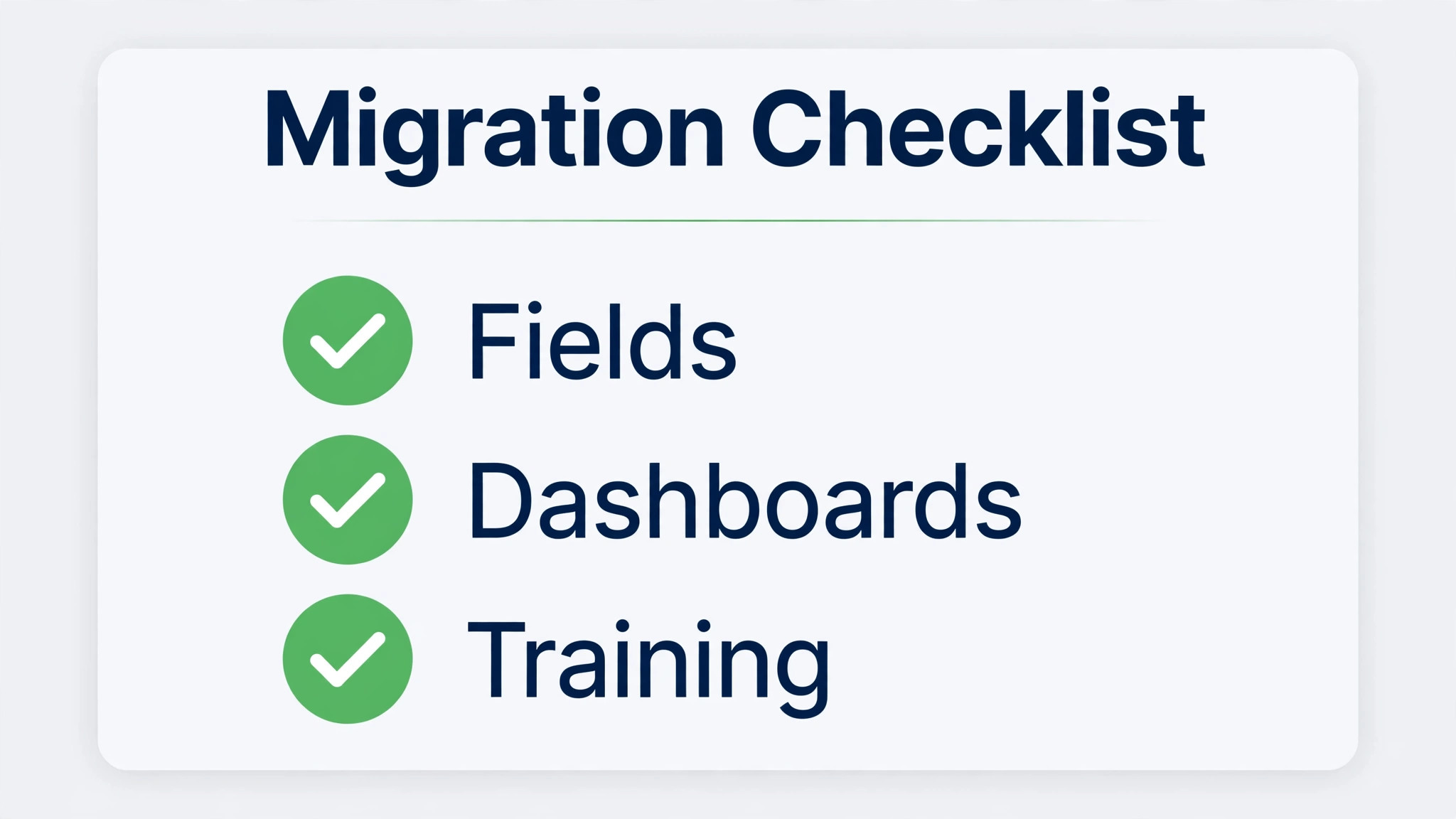 Tick list covering fields, dashboards, and training