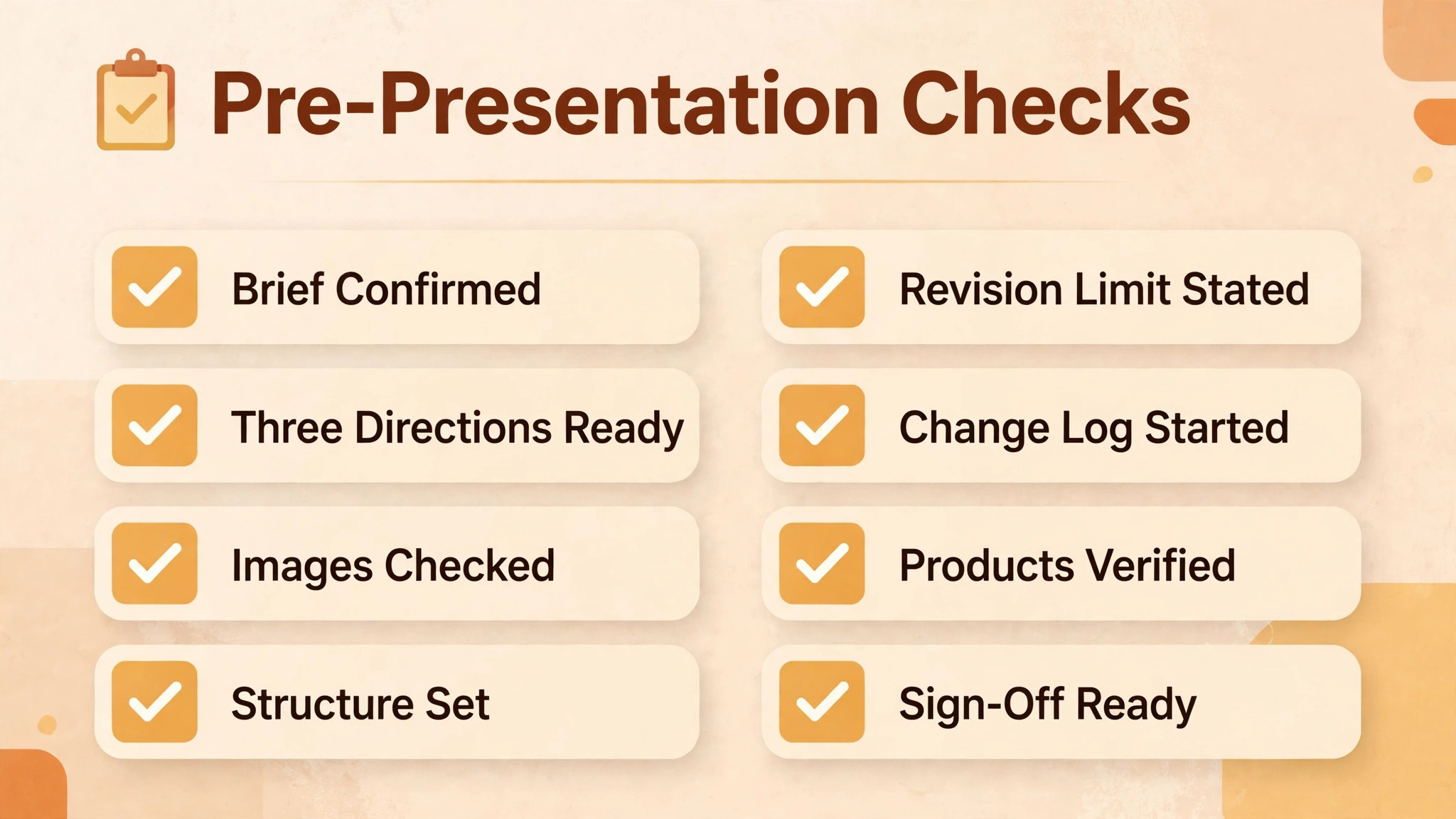Checklist of the pre-presentation checks