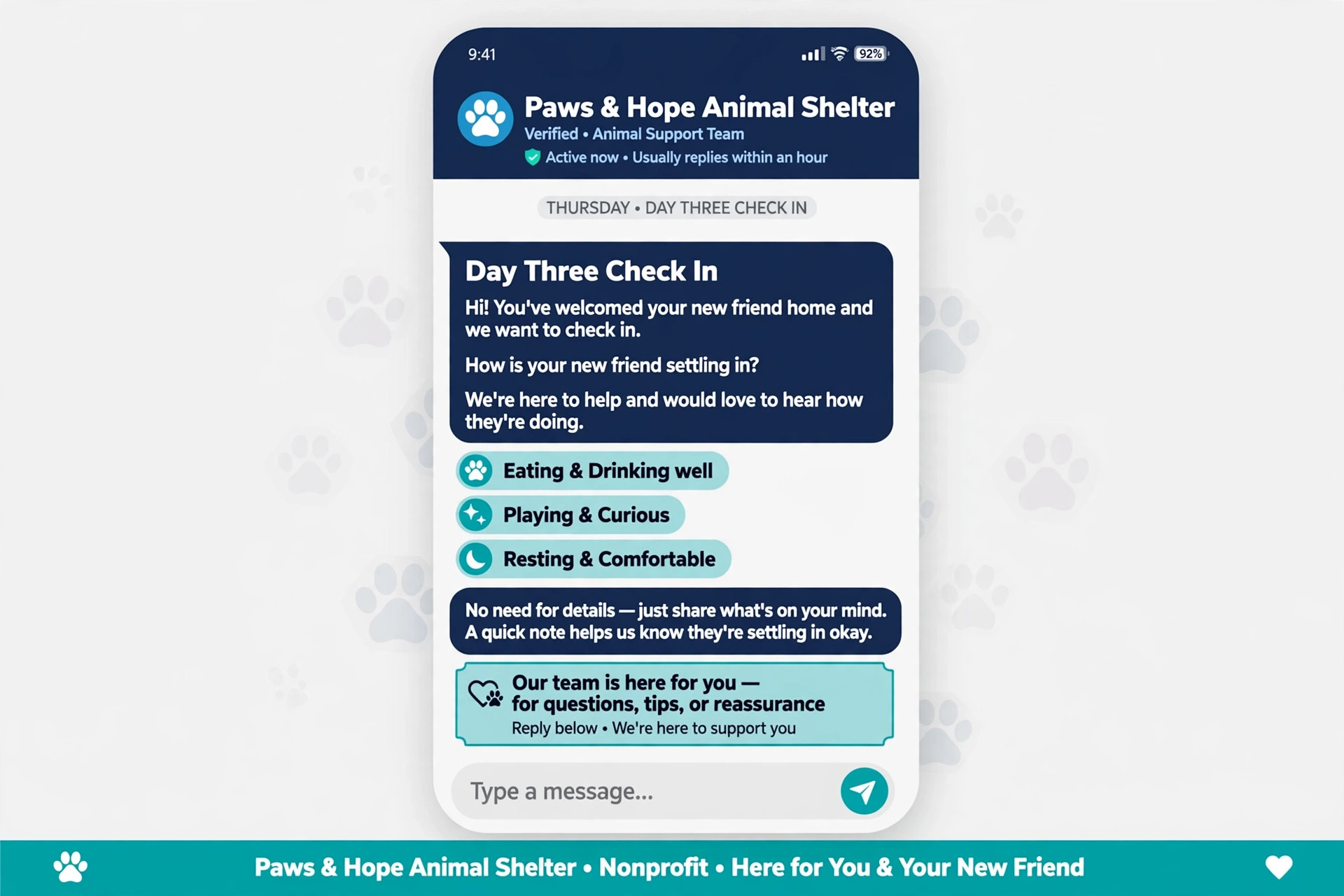 phone mockup of a day three shelter check-in message
