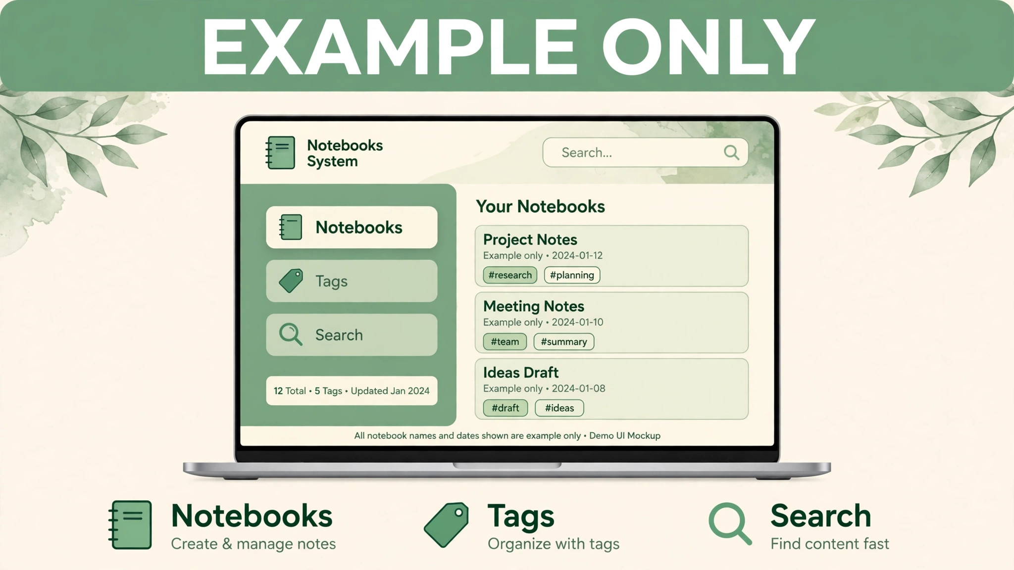 Laptop mockup of an Evernote notebook system