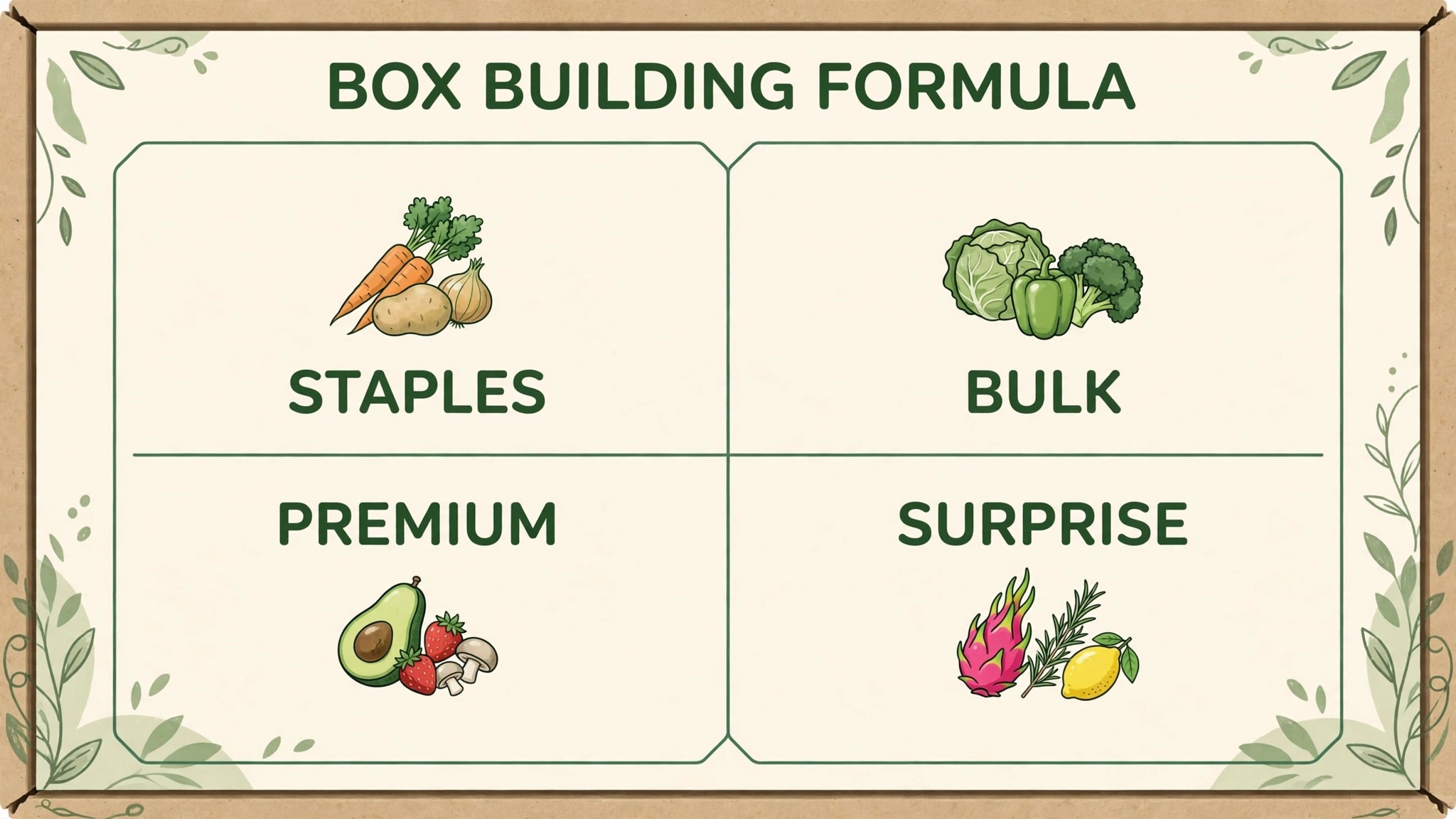 Diagram of box building formula with staples bulk premium and surprise items.