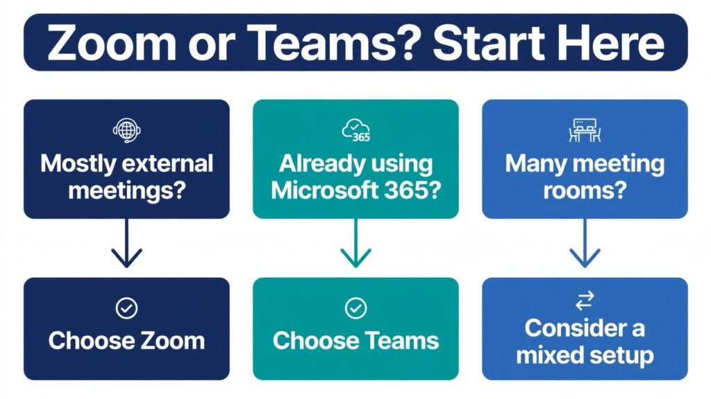 Decision flowchart for choosing Zoom or Teams