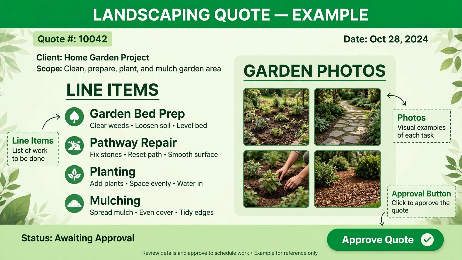 annotated landscaping quote with line items and approval