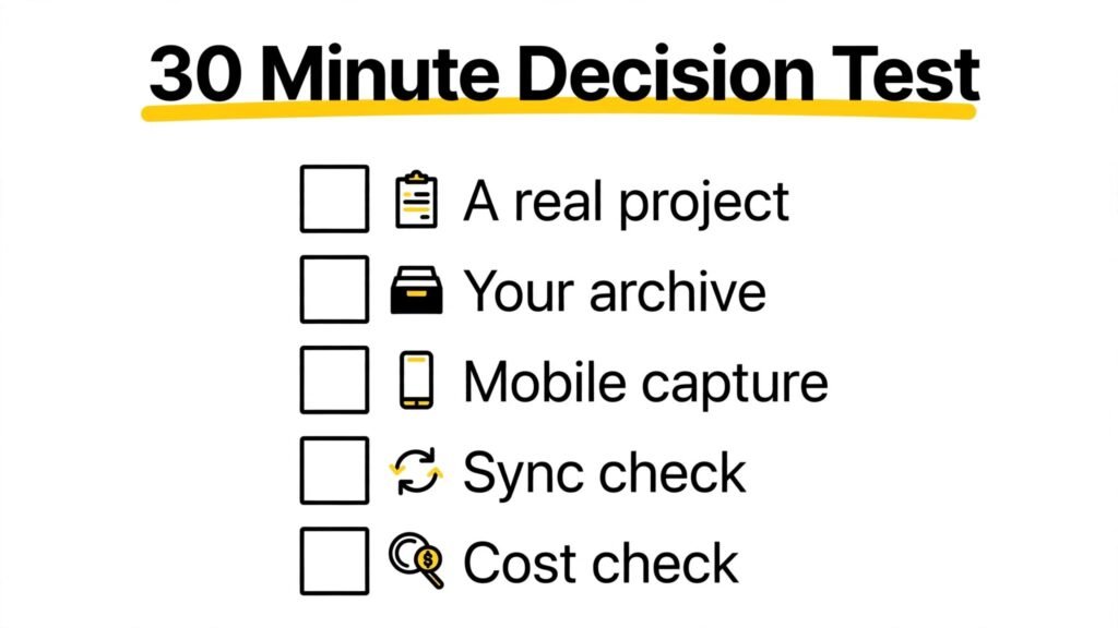 Thirty minute decision test checklist for notes apps