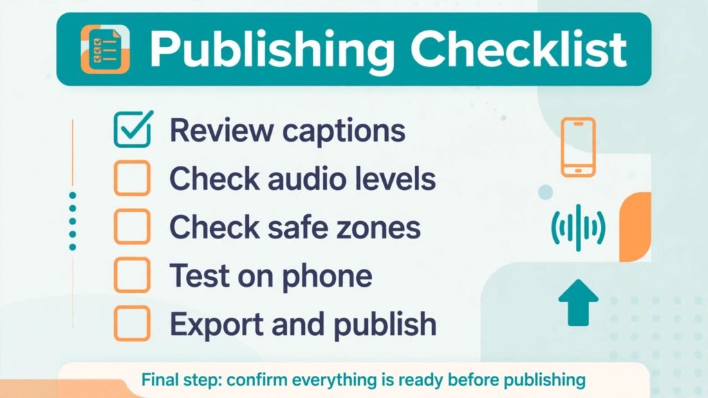 Publishing checklist infographic for captions audio and export checks