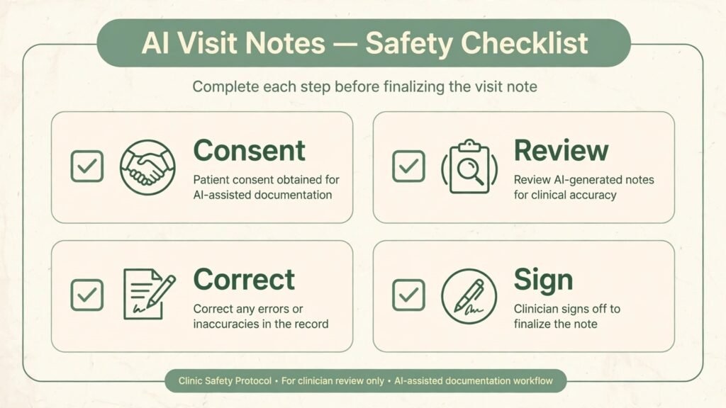 AI visit notes safety checklist infographic