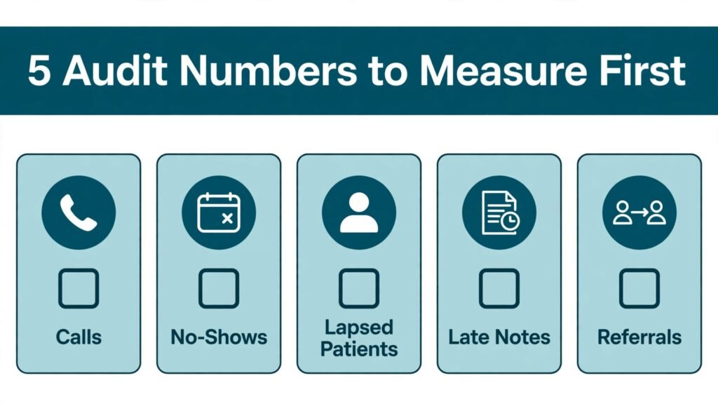 Checklist infographic of five practice audit numbers for optometrists