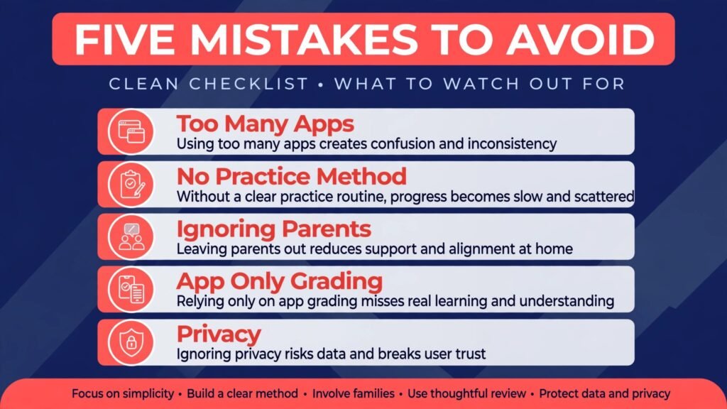 Checklist infographic of five mistakes music teachers should avoid with AI tools