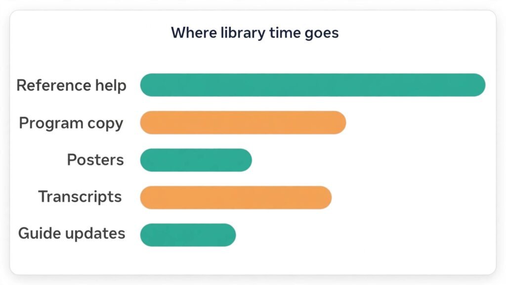Infographic chart showing library staff time across reference, programs, posters, transcripts and guides