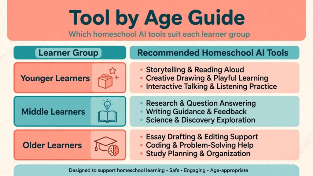 Infographic table showing homeschool AI tools by learner age group