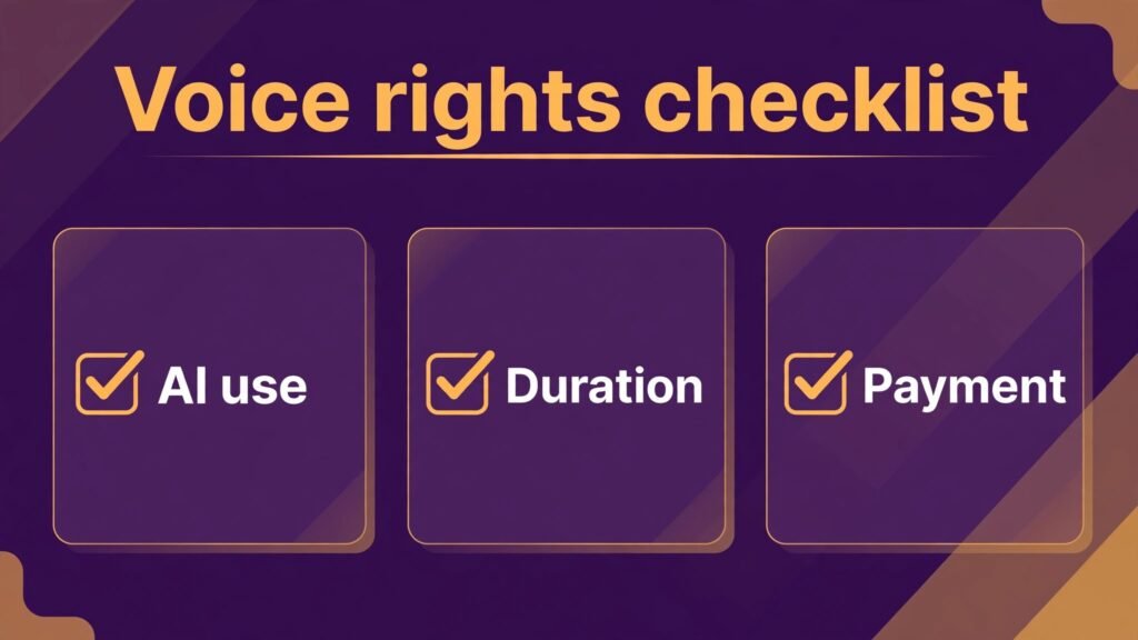 Infographic showing a voice rights checklist for AI contracts