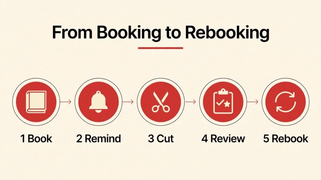 Infographic showing the barbershop booking to rebooking loop