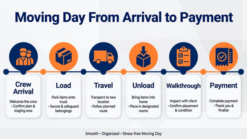 Moving day timeline from arrival to payment