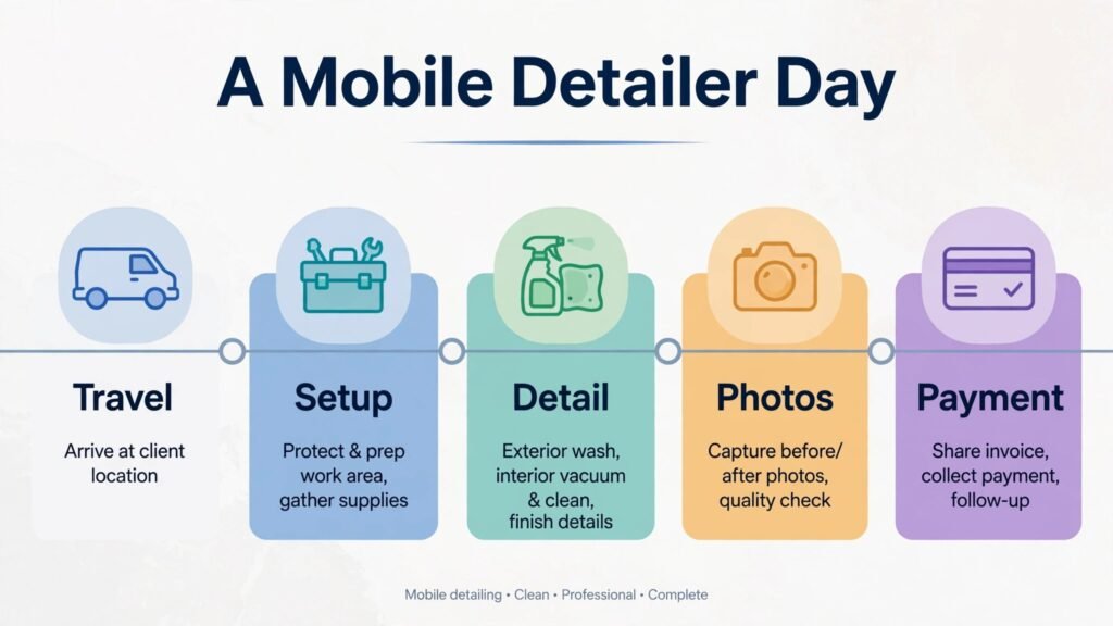 Mobile car detailer day timeline from travel to payment